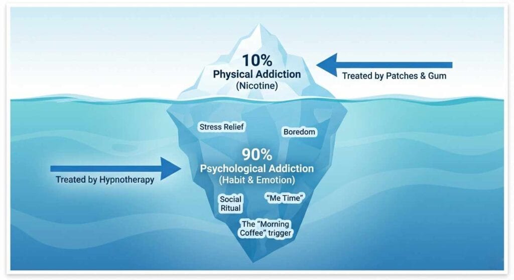 Iceberg illustrating that nicotine addiction is 10% physical and 90% psychological, treatable with hypnotherapy and nicotine patches.