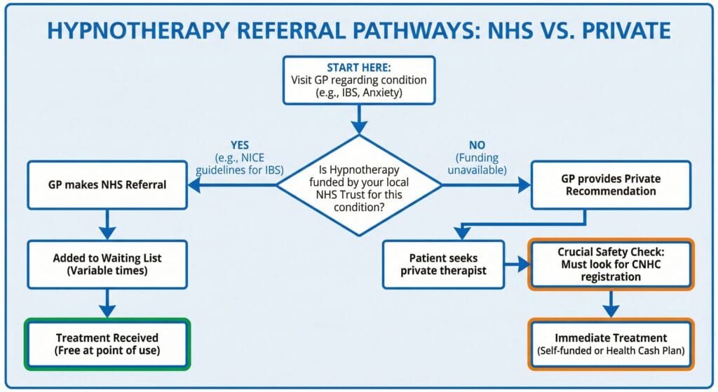 Hypnotherapy referral pathways: NHS vs. private. Flowchart showing GP referral process for hypnotherapy.