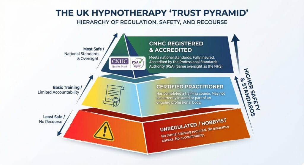UK Hypnotherapy 'Trust Pyramid' illustrating levels of regulation, safety, and recourse for hypnotherapists.