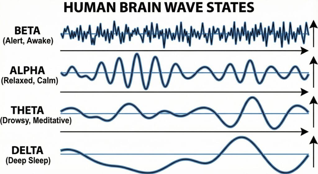 Does hypnosis work? Brain wave states diagram showing Beta, Alpha, Theta and Delta — Theta is the hypnotic state.