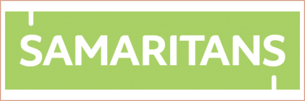 Samaritans logo in white text on a light green background